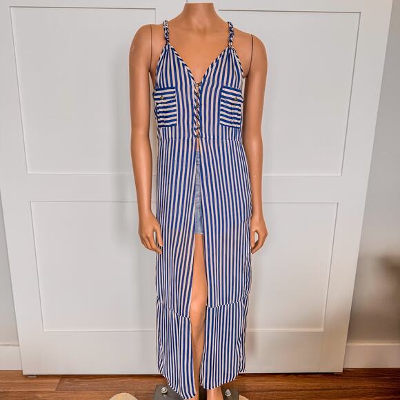 Double Zero, Navy/White Striped Long Summer/Swimsuit/Beach Cover Up, Size Medium - Picture 1 of 9